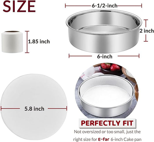 6 Inch Cake Pan Set of 3, E-Far Stainless Steel Round Layer Smash Cake Baking Pans with Parchment Rounds & Side Liner Roll, Non-Toxic & Healthy Metal Cakes Tin, Straight Side & Dishwasher Safe