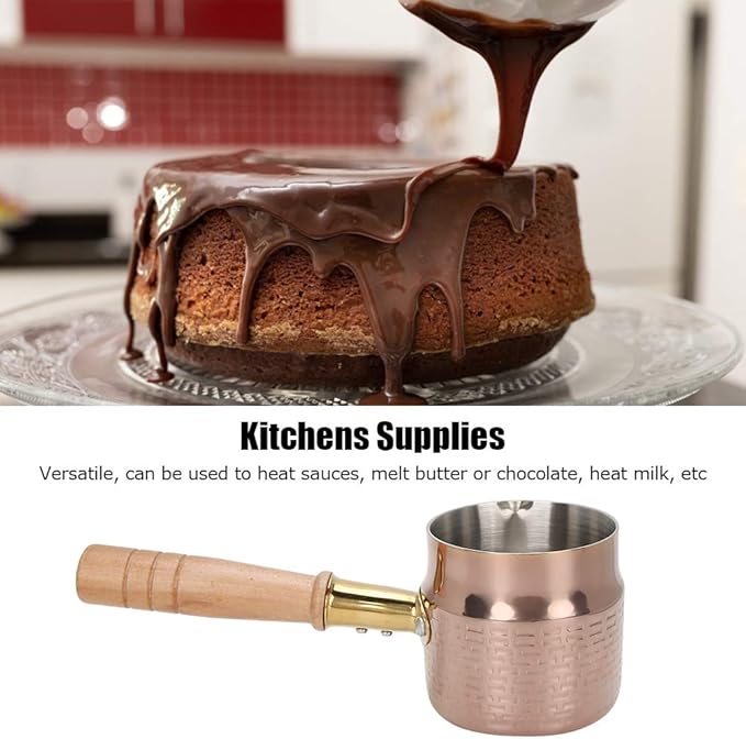 330ml Gold Stainless Steel Milk Pot With Wooden Handle - Flat Bottom Butter Melting Pan, Mini Sauce Warmer for Coffee and Chocolate