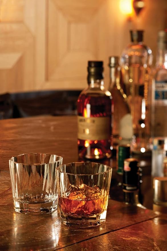 NUDE Whiskey Glasses Set of 4 – Hemingway 11.25 oz Lead-Free Crystal Old Fashioned Lowball Rocks Glasses for Whisky, Scotch, Bourbon & Tequila – Linear Pattern with Optical Effect, Dishwasher Safe