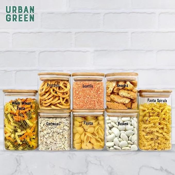 Urban Green Glass Jars with Airtight Lids, Airtight Glass Canisters with Locking Lids, (Bamboo-6P-24oz)