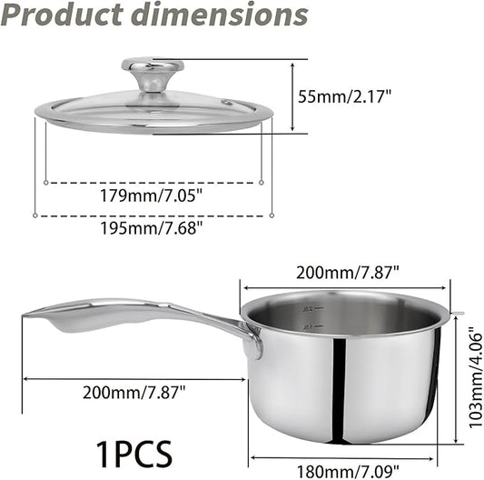 Woogim 304 Stainless Steel Saucepan with Ergonomic Curved Handle,Includes Glass Lid, Easy to Clean Non-stick Multipurpose Sauce Pot 2 Quart Perfect for Milk,Soups,and Sauces