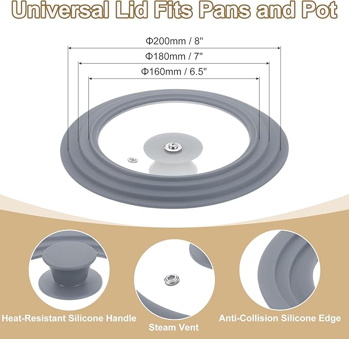 uxcell 1Pcs Universal Lid for Pot Fit 6.5, 7, 8 Inch Diameter Cookware, Replacement Pan Lids with Heat Resistant Silicone Rim, Steam Vent Pan Lid for Pots, Frying Pans, Skillets, Gray