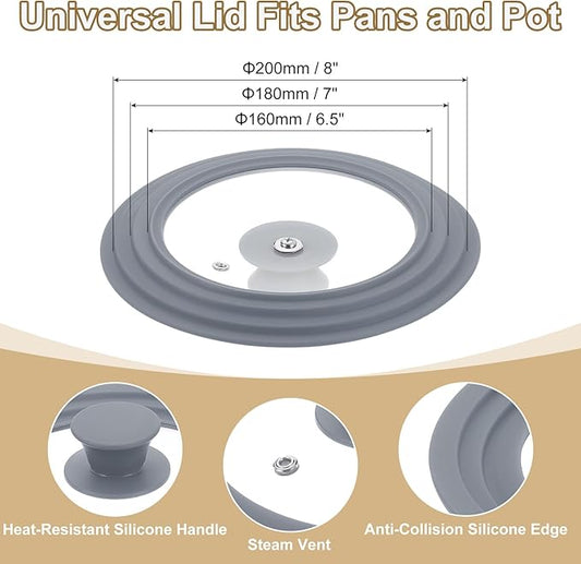 uxcell 1Pcs Universal Lid for Pot Fit 6.5, 7, 8 Inch Diameter Cookware, Replacement Pan Lids with Heat Resistant Silicone Rim, Steam Vent Pan Lid for Pots, Frying Pans, Skillets, Gray