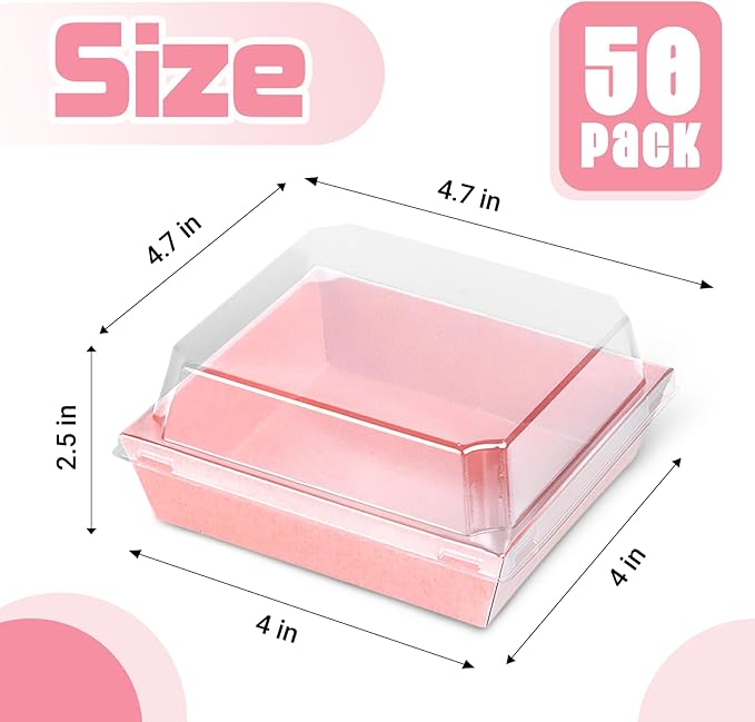 Plastic Charcuterie Boxes with Clear Lids 4in 100pcs, Pink Small Square To Go Paper Bakery Dessert Boxes, Disposable Mini Food Containers for Sandwich Cookie Slice Cake Strawberry Snack