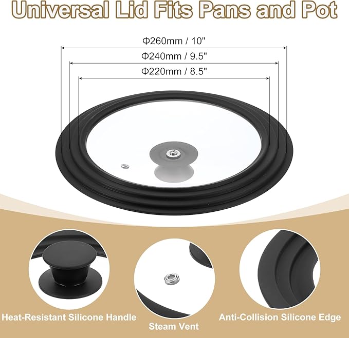 uxcell 1Pcs Universal Lid for Pot Fit 8.5, 9.5, 10 Inch Diameter Cookware, Replacement Pan Lids with Heat Resistant Silicone Rim, Steam Vent Pan Lid for Pots, Frying Pans, Skillets, Black