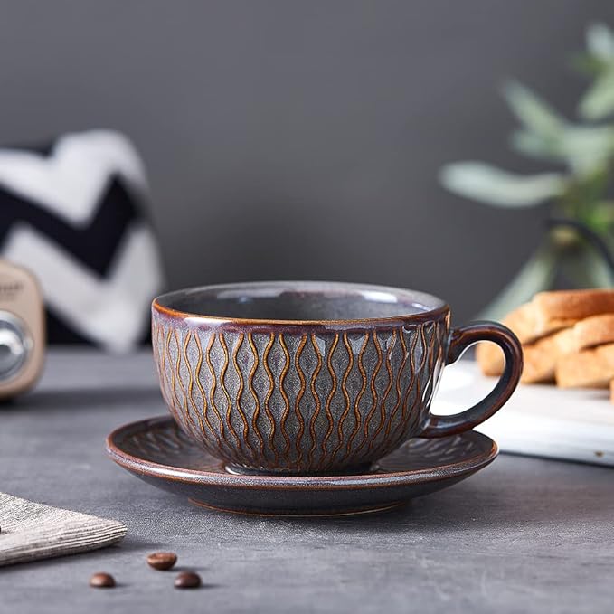 Vintage Design 12 oz Ceramic Latte Art Cappuccino Barista Cup with Saucer (Embossed Grey)