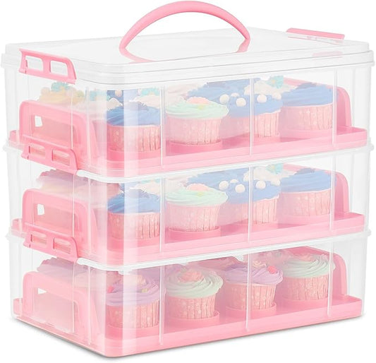 Flexzion 36 Cupcake Carrier 3 Tier Stackable Storage Container Collapsible Cake Carrier with Lid and Handle, Reusable Rectangular Plastic Dessert Travel Container, Display Holder Transport Box (Pink)