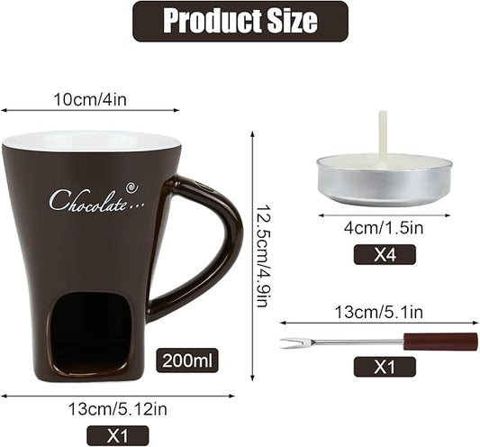 Sweet Fondue Cup for Chocolate Cheese Candy Butter - Chocolate Fondue Mug with Fork & 4 Candle, Mini Ceramic Chocolate Melting Cup, Personal Chocolate Melting Pot for Date Night Birthday (Coffee)