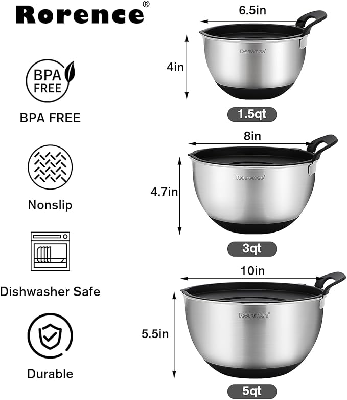 Rorence Stainless Steel Mixing Bowls: Stackable Mixing Bowl Set with Lids and Handles Non-slip Silicone Bottom Nesting Bowls for Kitchen Set of 3 - Black
