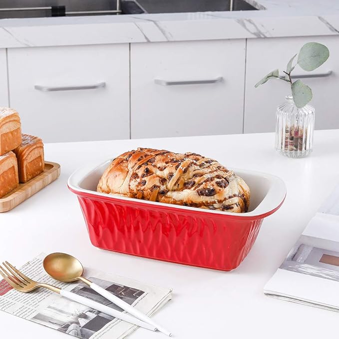 Ceramic Loaf Pan for Baking Bread, 9 x 5 inch Bread Pan, Rectangular Bread Loaf Pan, Ceramic Bakeware for Cooking, Home Kitchen, Bread Baking Pan Texture Series (Red)