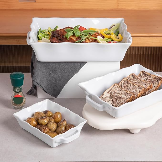 Sweejar Casserole Dishes for Oven, Ceramic Bakeware Set of 4, Rectangular Baking dish with Handles, Wave Edge Lasagna Pan Deep for Cooking, Cake, Dinner, Banquet and Daily Use (White)