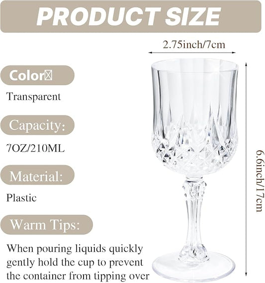 24 PCS Plastic Wine Glasses 7oz,Clear Plastic Goblets Drinkware Glasses,White Wine Glasses, plastic water goblets for Wedding Wine Bar Juice Grand Event Party (Clear)