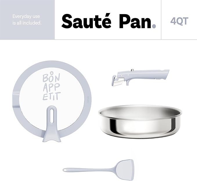 CAROTE Stainless Steel Saute Pan with Detachable Handle, 4QT Frying Pan with Lid, 4pcs Stainless Steel Pan, Non-Toxic Induction Kitchen Cookware, Stand-Up Lid, Oven Safe, Blue