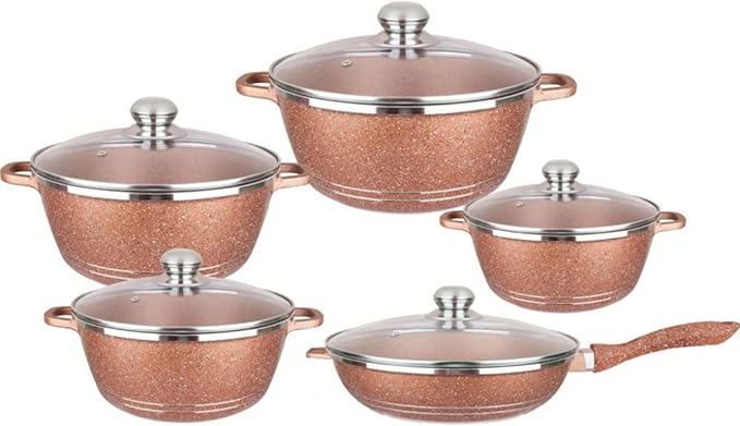 10-Piece Nonstick Pots and Pans Set, Granite & Marble Coated Cookware with Glass Lids - Aluminum Kitchen Essentials, Frying Pan, Saucepans, Stock Pot (Gold Variety Pack)