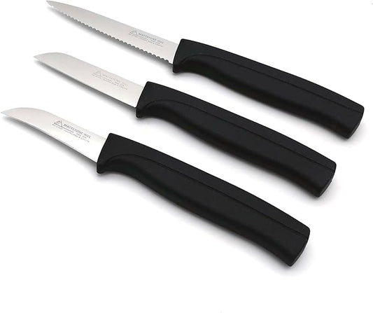 Paring Knife Set, MATTSTONE HILL Kitchen Knife Set - 4" Serrated Utility, 3" Fruit and Vegetable Knife, 2.5" Peeling Knife, Premium Stainless Steel, Semi Soft Handle, Black