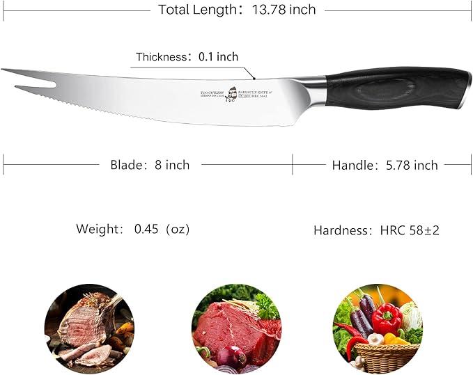 TUO BBQ Knife, 8 inch Roast Cutting Knife with Fork Tip for Grilled Meat Cutting, Serrated Edge, High Carbon German Steel, Comfortable Pakkawood Handle