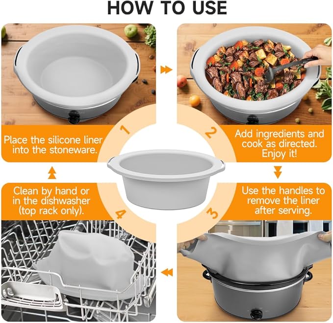 ChefAid Slow Cooker Liners, 100% Silicone Reusable Crock Pot Insert Accessories for 6-8 Oval or Round Quart Slow Cookers, Food Safe & Dishwasher Safe (Black-Grey)