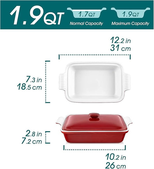 vancasso Blossom Casserole Dish With Lid, 12x7 Lasagna Pan Deep with Lid, 1.9 Quart baking dish with lid Ceramic Casserole Dish Set, Oven, Microwave Safe, Red