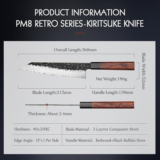 HEZHEN- 8.5” Chef Knife, 3 Layers High Carbon Clad Steel Kiritsuke Knife, Composite Forging Steel, Professional Japanese Kitchen Knife, Redwood Octagonal Handle With Wooden Knife Sheath