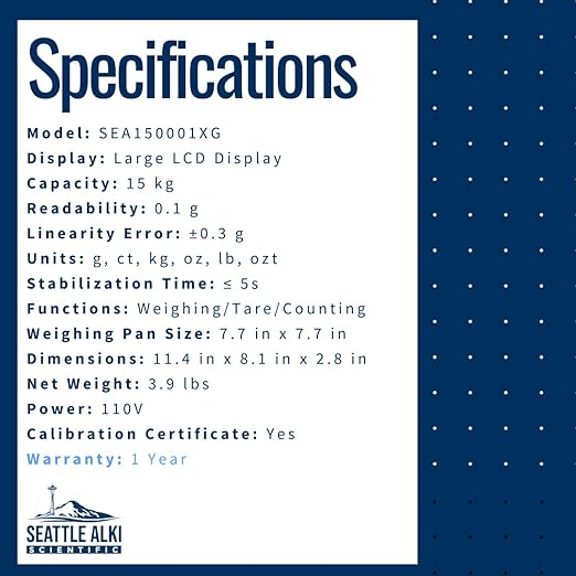 Seattle Alki Scientific Lab Scale | USA Company | Digital Lab Balance with Professional Load Cell and Thorough Calibration - Scientific Scale (15 kg x 0.1 g with Calibration Certificate)