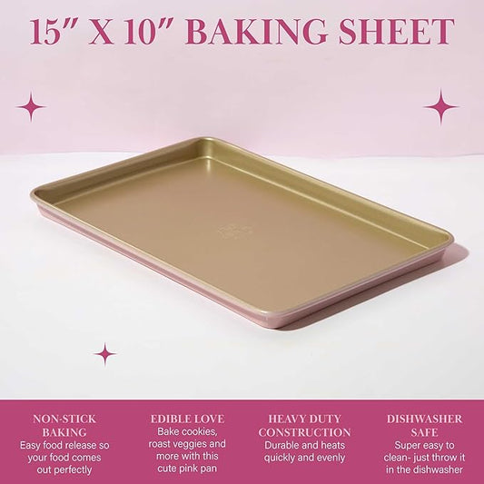 Paris Hilton Nonstick Carbon Steel Bakeware Collection, 15-Inch x 10-Inch Cookie Baking Sheet, Dishwasher Safe, Made without PFOA and PFAS, Pink Champagne Two-Tone