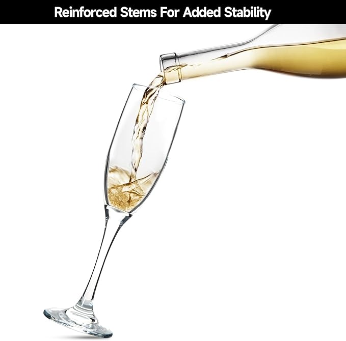 Champagne Glasses,Set of 4,Classic Shape,Hand Blown Elegant Unique Gift for Long stem Sparkling,Wine glasses for Wedding,Birthday Mother’s Day-Ideal for Wine Tasting,Daily Use-6.5 oz,Clear