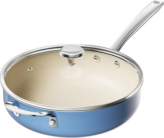 Redchef Ceramic Saute Pan with Lid, Nonstick Deep Frying Pan, 5QT Jumbo Cooker with Helper Handle & Lid, Non Toxic Ceramic Cooking Pan, Chef Pan, Dishwasher & Oven Safe, PFAS PFOA & PTFE Free(Blue)