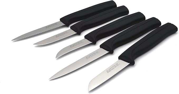 Kitchen Utility Knife - MATTSTONE HILL 4 Inch Serrated Paring Knife, Vegetable Knife, Slim Blade, Premium Stainless Steel, Semi Soft Handle, Black