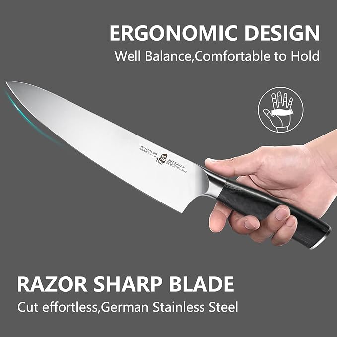 TUO Chef’s Knife - 8 inch Chef Knife Pro Kitchen Knife Ultra Sharp, Premium German High Carbon Stainless Steel, Traditional Full Tang Pakkawood Handle Gift Box, Fiery Phoenix Series - Black
