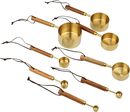 Gold Measuring Cup and Spoon Set - Stainless Steel Measuring Cups with Wooden Handles, 4 Measuring Cups and 4 Measuring Spoons, Suitable for Kitchen Baking and Cooking (8 Pcs)