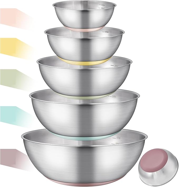 Stainless Steel Mixing Bowl Set - High - Quality, Durable and Rust - Resistant for Baking, Cooking, and Salad Making,Kitchen meal preparation,Great for Mixing & Serving,Anti slip silicone rubber base