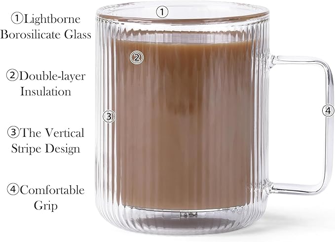 13.5oz Double Walled Glass Coffee Mug - Clear Ribbed Glassware with Handle, Perfect for Cappuccino, Latte, Cereal, Yogurt, Beer, Milk, and All Beverages (Set of 4)