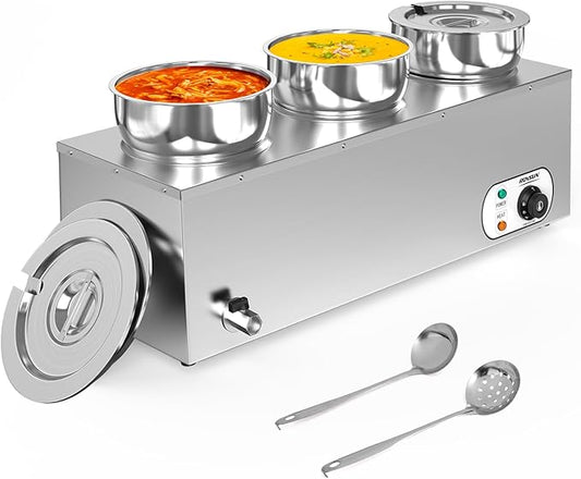 ROVSUN 22QT Commercial Soup Warmer, Electric Food Warmer Steam Table, 1200W Countertop Bain Marie with Three 7.4QT Pots, 86~185°F Adjustable Temperature, Lid and Tap for Buffet Restaurant
