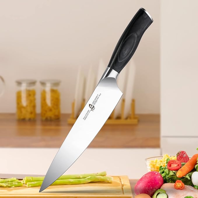 TUO Chef Knife - 8 inch Pro Kitchen Knife Asian Chef’s Knife Cooking Knife, High Carbon German Stainless Steel Ultra Sharp, Ergonomic Pakkawood Handle with Gift Box, Fiery Phoenix Series - Black