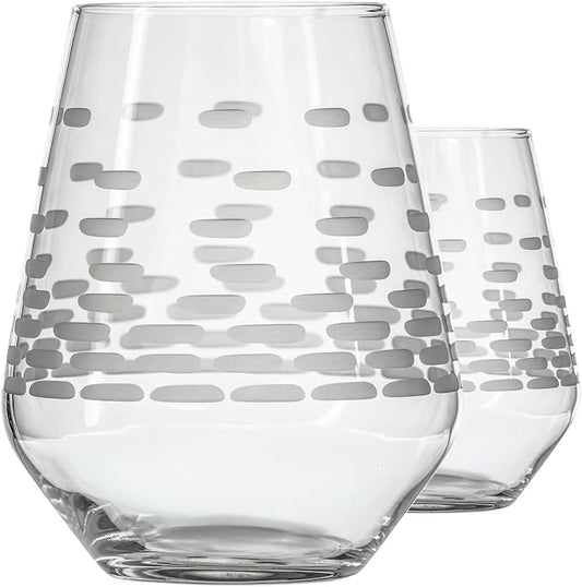 Rolf Glass Strata Stemless Wine Tumbler | Made in America | 18oz Stemless Wine Glass | Diamond Engraved Crystal Glass | Geometric Brick Design | Set of 2
