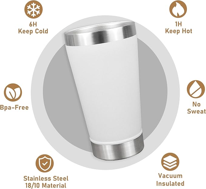 16 oz Beer Tumber Insulated Set of 4, Pint Glass Stainless Steel Double Walled, Stackable Cold Drinking Cup Mug Stein, White, Ideal for Beer Lover, Coffee, Outdoor