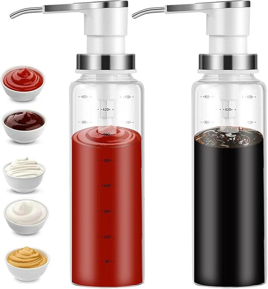 Sauce Pump Dispensers, 17oz Glass & Stainless Steel, 8ml Capacity, Perfect for Kitchen, BBQ, Baking, Salad, Restaurant, Cafe, Hotel, Party, Buffet, Infusing Herbs