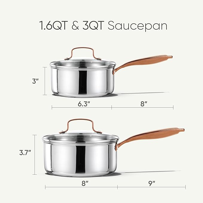 CAROTE 1.6Qt & 3.0Qt Stainless Steel Saucepan Set, Non-Toxic 3-Ply Stainless Steel Cookware Set with Lids, Small Kitchen Pots, Oven Safe, Compatible with Induction, Ceramic, Gas