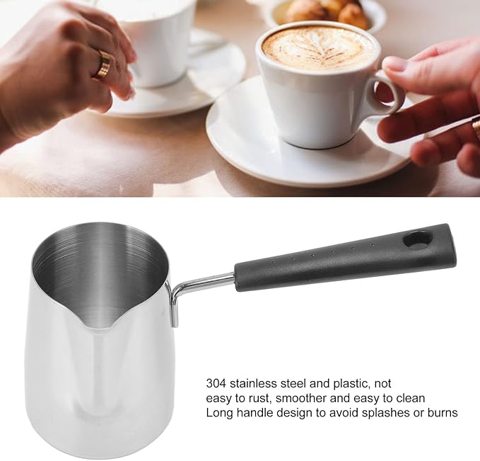 Turkish Coffee Pot, Milk Butter Warmer Pot Stainless Steel Coffee Pitcher Long Handle Coffeware Pitcher Turkish Coffee Maker Hot Chocolate Maker for Maple Syrup Sauce Heating (350ml)