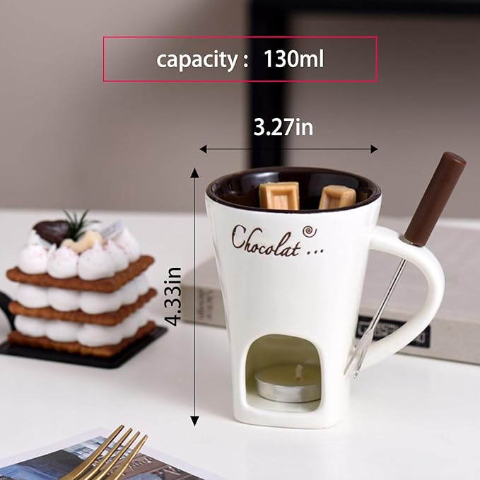 Multi functional ceramic chocolate hot pot cup set,fondue cup, portable and easy to use, suitable for candle heating, creative dessert tools, with fork Selection (white)