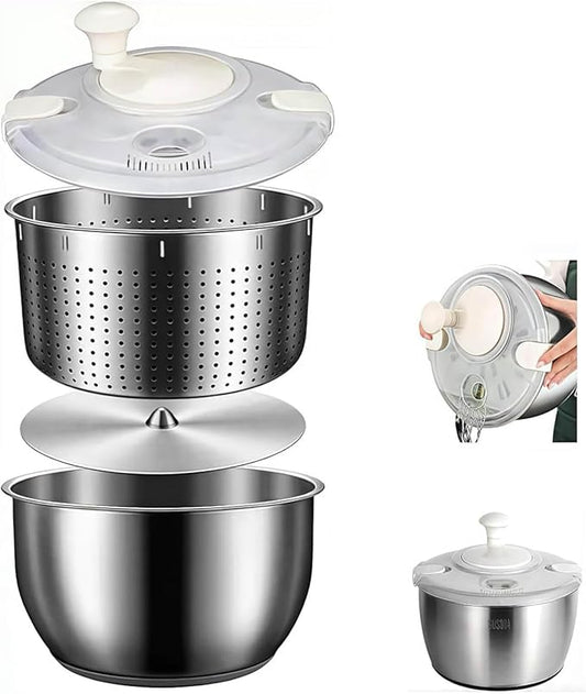 6L Stainless Steel Salad Spinner, Vegetable and Fruit Washer, Lettuce Dryer with Quick Spin and PP Lid – Multifunctional Kitchen Tool for Pasta and Fries