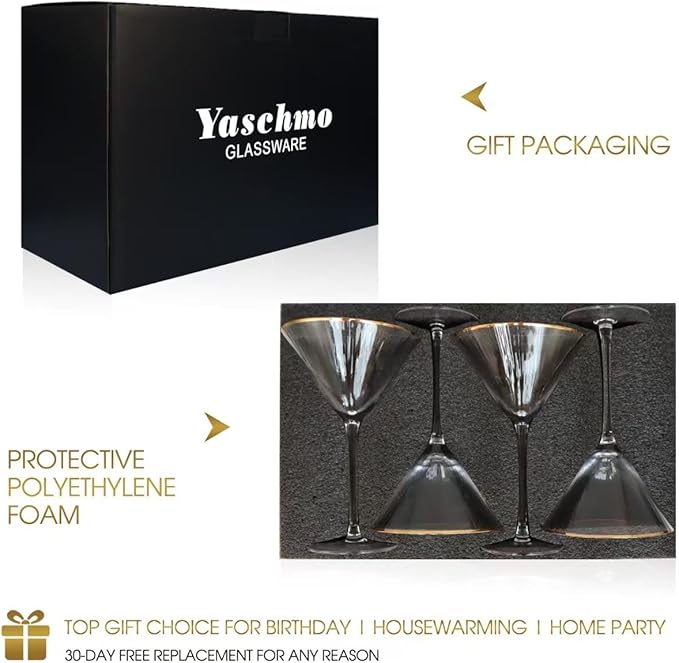 Martini Glasses Set of 4, Gold Rim Hand-Blown Crystal Cocktail Glasses, 10oz Large Martini Glasses for Espresso, Cosmopolitan, Gimlet, Elegant Barware Gift for Birthday, Housewarming, Wedding