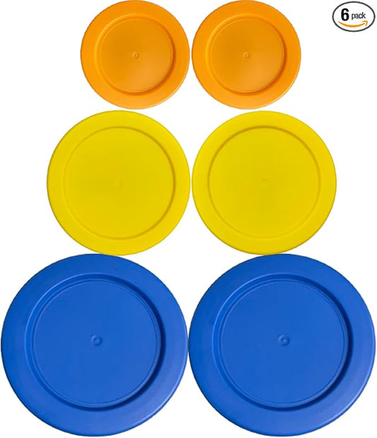 1, 2 & 4 Cup Orange, Yellow, Blue Replacement Lids/Covers for Pyrex, Anchor Hocking & KlareWare Storage Bowls *Lids Only Glass Container Not Included* (6 Pack *Two of Each Size*)