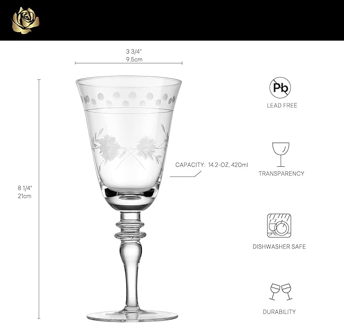 Royalrose Premium Delight Wine Glasses Set of 4, 14.2 oz – Hand-Blown with Etched Long Stem, Classic Glassware for Weddings, Dinners, and Holiday Gifting (Vintage Wine Glasses)
