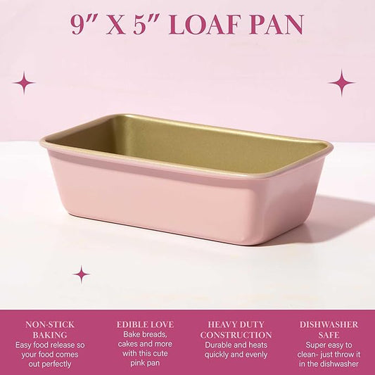 Paris Hilton Nonstick Carbon Steel Bakeware Collection, 9-Inch x 5-Inch Loaf Pan, Dishwasher Safe, Made without PFOA and PFAS, Pink Champagne Two-Tone