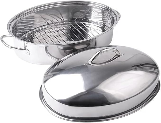 Stainless Steel Oval Roaster Pan with Lid – Oven & Dishwasher Safe Turkey Roasting Pot, Steaming Rack for Chicken, Fish, Lasagna(Large size B)