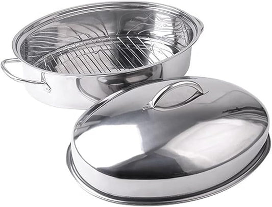 Stainless Steel Oval Roaster Pan with Lid – Oven & Dishwasher Safe Turkey Roasting Pot, Steaming Rack for Chicken, Fish, Lasagna(Large size B)