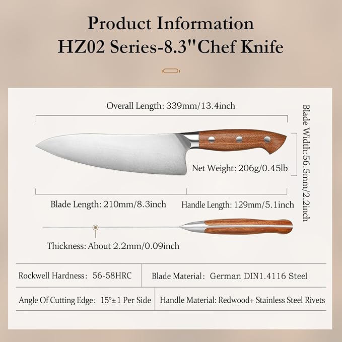 HEZHEN Pro Chefs Knives 8.3 Inch,High Carbon German 1.4116 Steel,Stainless Steel Rivets with Red Wood Handle,Razor Sharp,Super Edge,with Woodern Knife Sheath