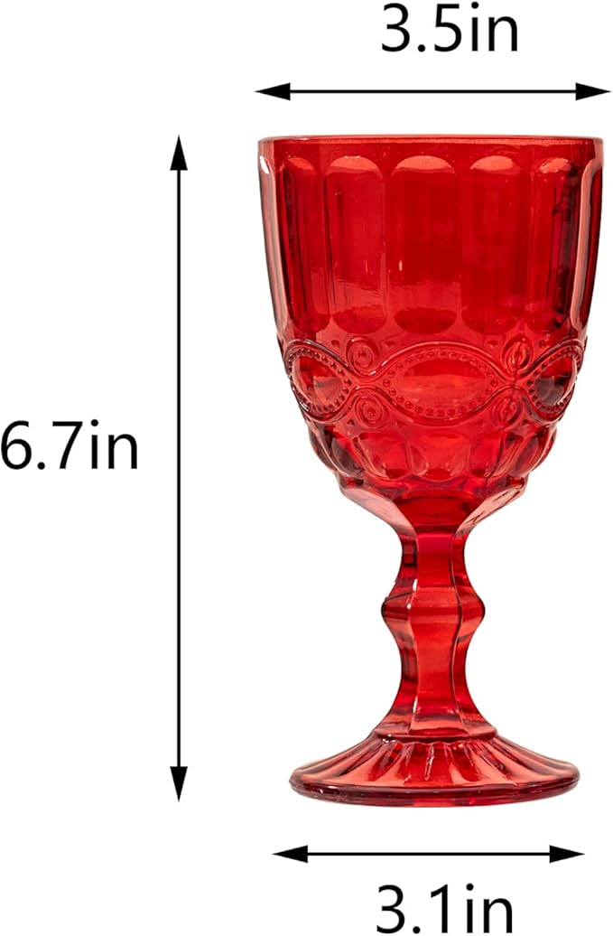 12 Pcs Vintage Wine Glasses, 10 Ounces Colored Glass Water Goblets, Unique Embossed Pattern High Clear Stemmed Glassware Wedding Party Bar Glass Drinking Cups, Floral Red Glasses Set of 12