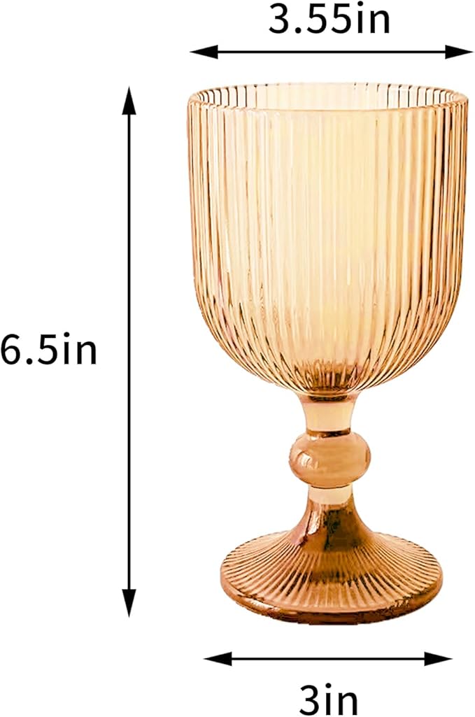 Vintage Wine Glasses Set of 6, 11 Ounces Colored Glass Water Goblets, Colorful Unique Embossed Pattern High Clear Stemmed Glassware Wedding Party Bar Glass Drinking Cups Vertical Line Gold Amber